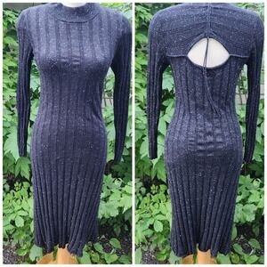 Joie Ribbed L Knit Bodycon Midi Dress‎ Mock Neck Long Sleeve Open Back sparkle